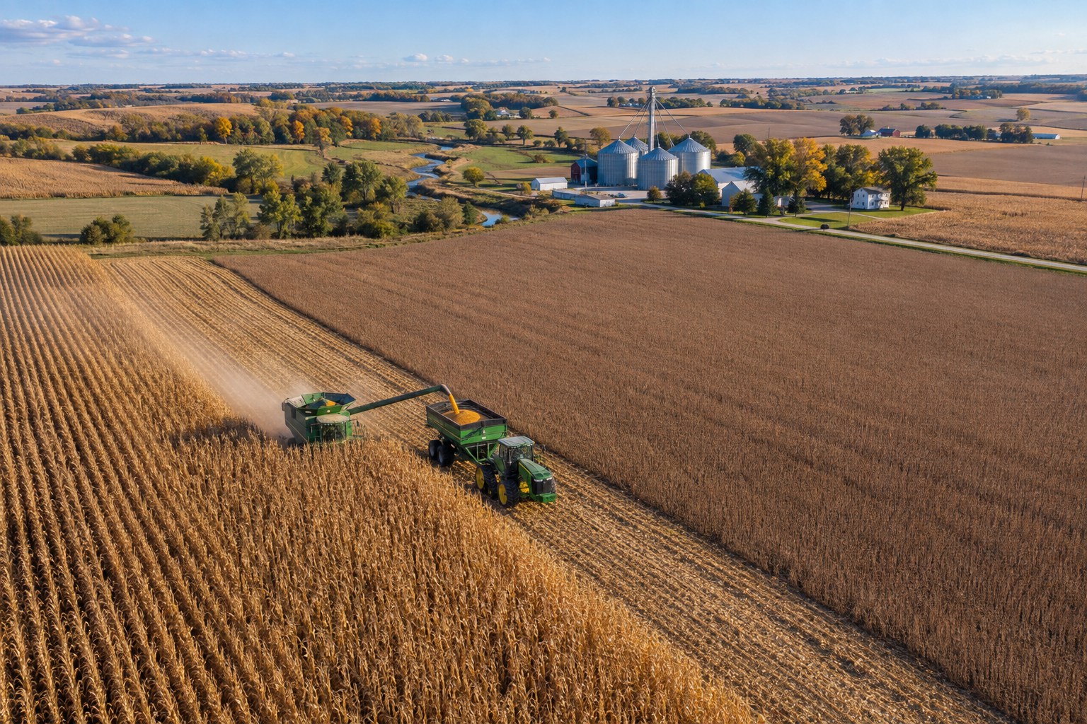Central Iowa corn and soybean harvest with a combine, grain cart, conservation waterways, farmstead, and grain bins