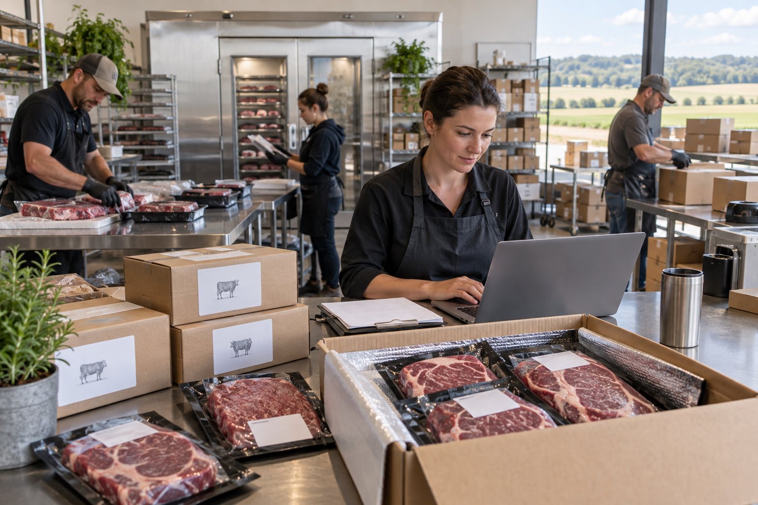 Food company employees preparing packaged meat orders and managing direct-to-consumer sales