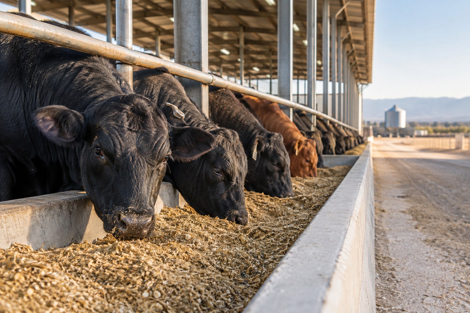 Beef cattle feeding in a well-managed livestock facility
