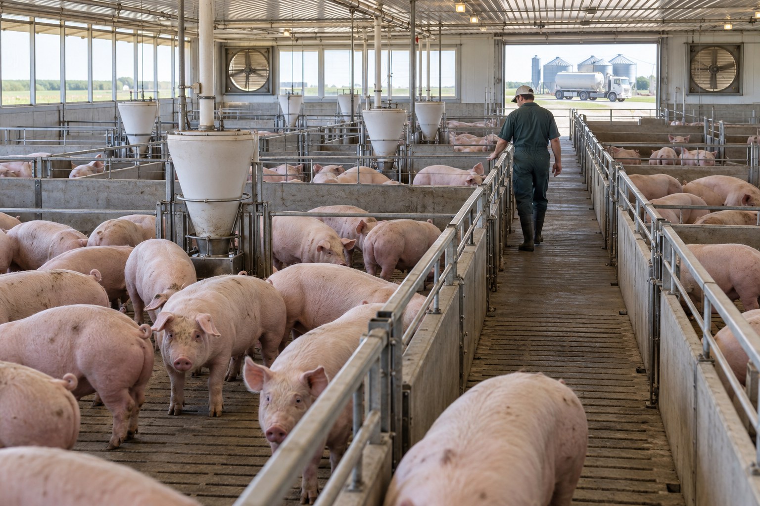 Healthy pigs and a livestock professional in a well-managed modern Midwestern swine barn connected to feed and grain operations